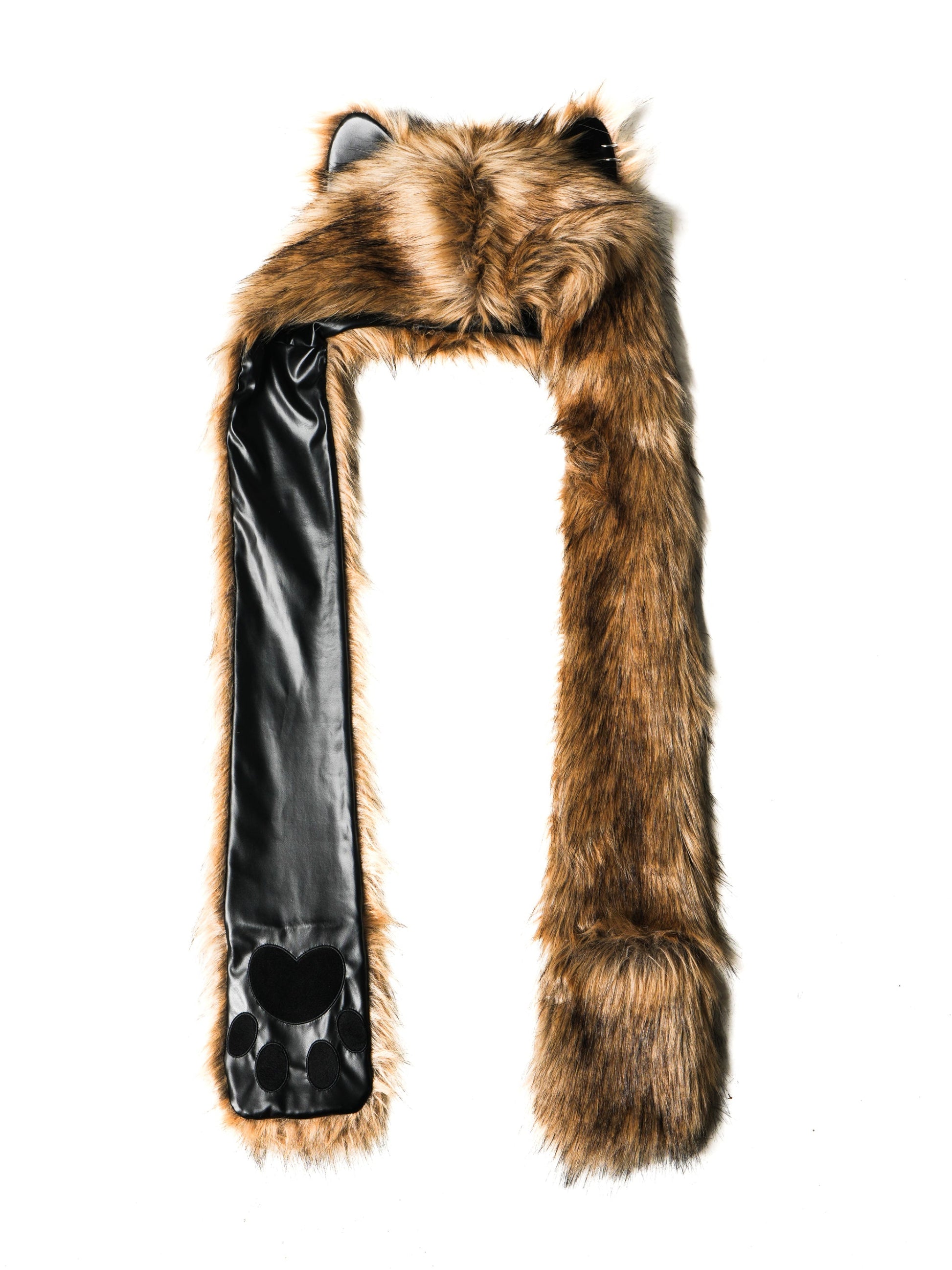 Fur hat with black leather strap on a white background